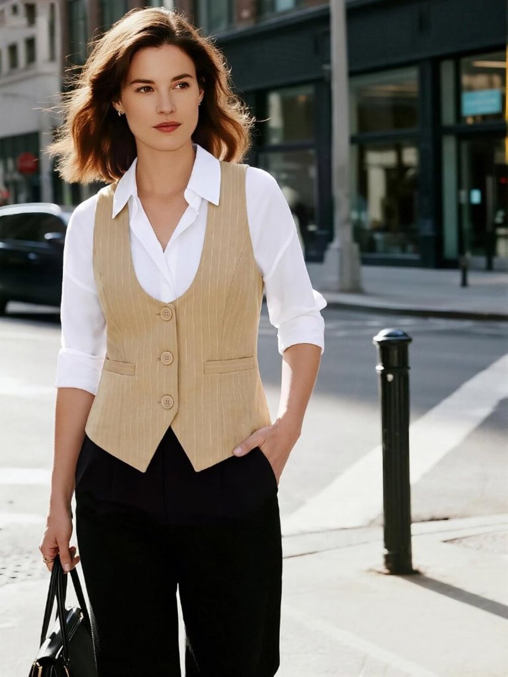 Women's Beige Striped Dressy Casual Sleeveless Button Waistcoat Suit Vest Tops